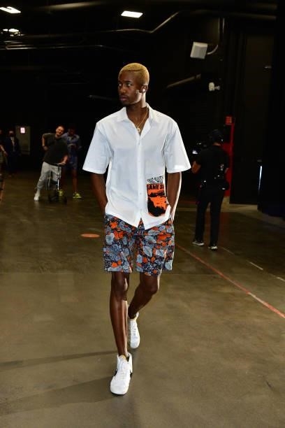 Mamadi Diakite of the Milwaukee Bucks arrives to the arena before the game against the Phoenix Suns during Game One of the 2021 NBA Finals on July 6,...
