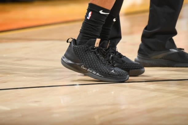 The sneakers worn by Chris Paul of the Phoenix Suns during the game against the Milwaukee Bucks during Game One of the 2021 NBA Finals on July 6,...