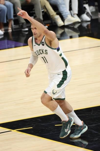 Brook Lopez of the Milwaukee Bucks celebrates during Game One of the 2021 NBA Finals on July 6, 2021 at Phoenix Suns Arena in Phoenix, Arizona. NOTE...