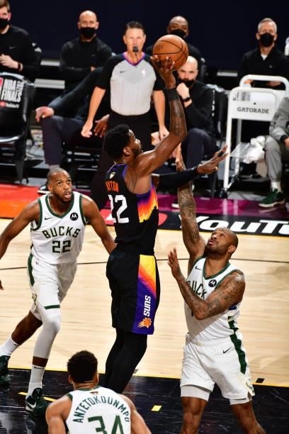 Deandre Ayton of the Phoenix Suns shoots the ball during the game against the Milwaukee Bucks during Game One of the 2021 NBA Finals on July 6, 2021...