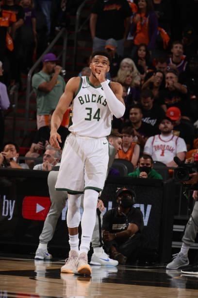 Giannis Antetokounmpo of the Milwaukee Bucks warms up prior to the game against the Phoenix Suns during Game One of the 2021 NBA Finals on July 6,...