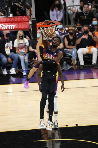 Deandre Ayton of the Phoenix Suns dunks the ball against the Milwaukee Bucks during Game One of the 2021 NBA Finals on July 6, 2021 at Phoenix Suns...
