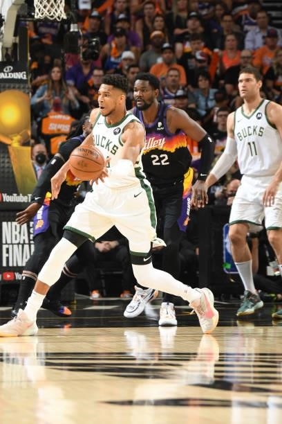 Giannis Antetokounmpo of the Milwaukee Bucks passes the ball during the game against the Phoenix Suns during Game One of the 2021 NBA Finals on July...