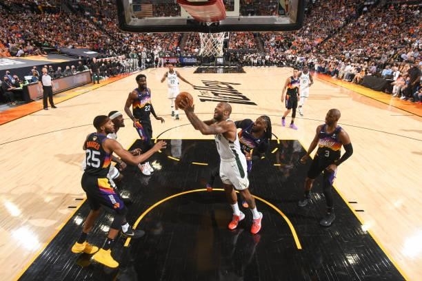 Tucker of the Milwaukee Bucks drives to the basket during the game against the Phoenix Suns during Game One of the 2021 NBA Finals on July 6, 2021 at...