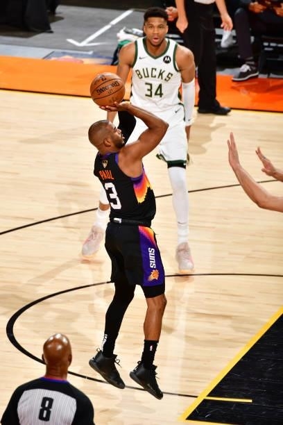 Chris Paul of the Phoenix Suns shoots the ball against the Milwaukee Bucks during Game One of the 2021 NBA Finals on July 6, 2021 at Phoenix Suns...