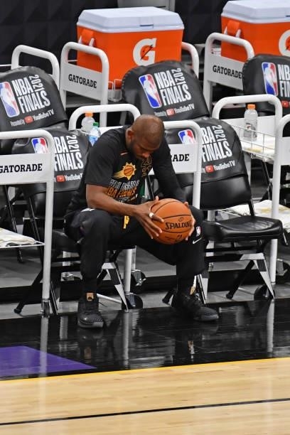 Chris Paul of the Phoenix Suns sits on the bench before Game One of the 2021 NBA Finals against the Milwaukee Bucks on July 6, 2021 at Phoenix Suns...