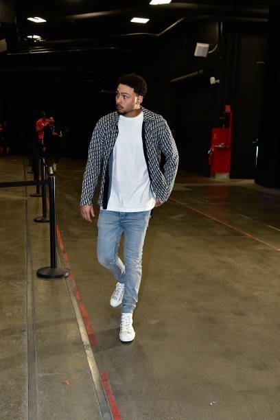 Bryn Forbes of the Milwaukee Bucks arrives to the arena before the game against the Milwaukee Bucks during Game One of the 2021 NBA Finals on July 6,...