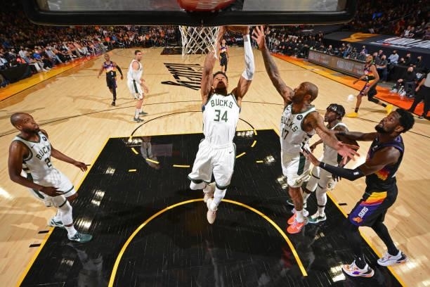 Giannis Antetokounmpo of the Milwaukee Bucks grabs a rebound against the Phoenix Suns during Game One of the 2021 NBA Finals on July 6, 2021 at...