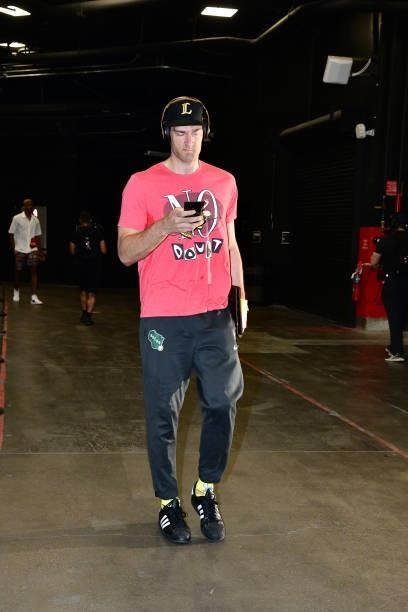 Brook Lopez of the Milwaukee Bucks arrives to the arena before the game against the Phoenix Suns during Game One of the 2021 NBA Finals on July 6,...