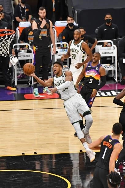Giannis Antetokounmpo of the Milwaukee Bucks drives to the basket against the Phoenix Suns during Game One of the 2021 NBA Finals on July 6, 2021 at...