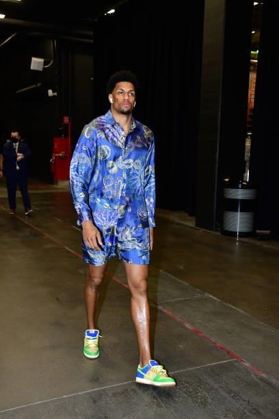Axel Toupane of the Milwaukee Bucks arrives to the arena before the game against the Phoenix Suns during Game One of the 2021 NBA Finals on July 6,...