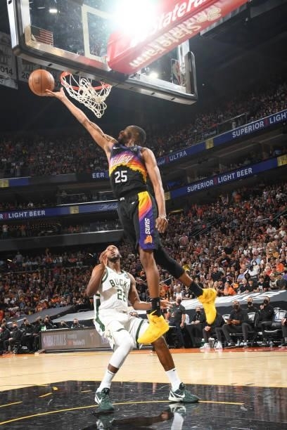 Mikal Bridges of the Phoenix Suns drives to the basket during the game against the Milwaukee Bucks during Game One of the 2021 NBA Finals on July 6,...