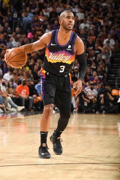 Chris Paul of the Phoenix Suns handles the ball during the game against the Milwaukee Bucks during Game One of the 2021 NBA Finals on July 6, 2021 at...