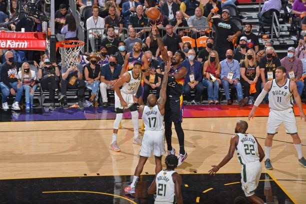 Deandre Ayton of the Phoenix Suns shoots the ball against the Milwaukee Bucks during Game One of the 2021 NBA Finals on July 6, 2021 at Phoenix Suns...