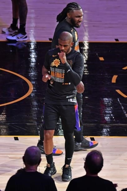 Chris Paul of the Phoenix Suns walks on the court before Game One of the 2021 NBA Finals against the Milwaukee Bucks on July 6, 2021 at Phoenix Suns...