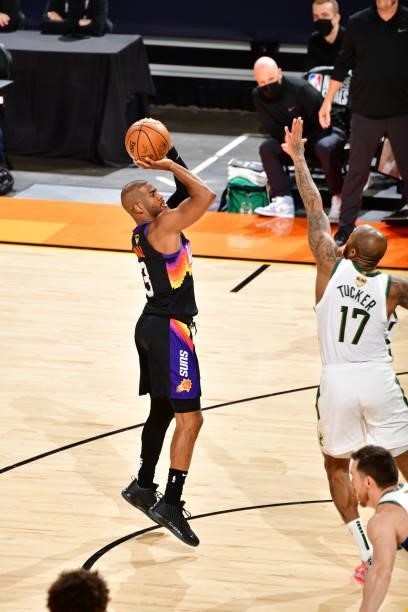 Chris Paul of the Phoenix Suns shoots the ball against the Milwaukee Bucks during Game One of the 2021 NBA Finals on July 6, 2021 at Phoenix Suns...