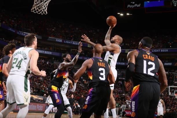 Tucker of the Milwaukee Bucks shoots the ball against the Phoenix Suns during Game One of the 2021 NBA Finals on July 6, 2021 at Talking Stick Resort...