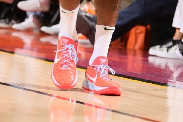 The sneakers worn by P.J. Tucker of the Milwaukee Bucks during Game One of the 2021 NBA Finals on July 6, 2021 at Talking Stick Resort Arena in...