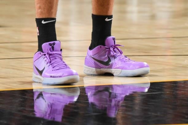 The sneakers worn by Devin Booker of the Phoenix Suns during the game against the Milwaukee Bucks during Game One of the 2021 NBA Finals on July 6,...