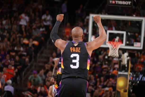 Chris Paul of the Phoenix Suns celebrates during Game One of the 2021 NBA Finals on July 6, 2021 at Talking Stick Resort Arena in Phoenix, Arizona....