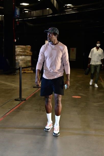 Jrue Holiday of the Milwaukee Bucks arrives to the arena before the game against the Phoenix Suns during Game One of the 2021 NBA Finals on July 6,...