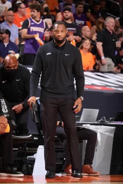 Assistant Coach, Willie Green of the Phoenix Suns looks on during Game One of the 2021 NBA Finals on July 6, 2021 at Talking Stick Resort Arena in...