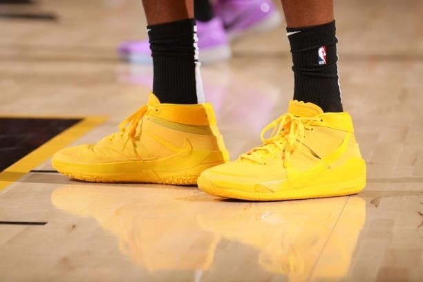 The sneakers worn by Mikal Bridges of the Phoenix Suns during Game One of the 2021 NBA Finals on July 6, 2021 at Talking Stick Resort Arena in...