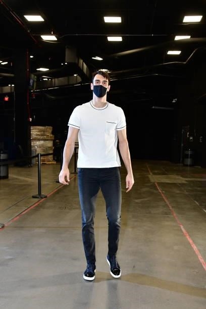 Dario Saric of the Phoenix Suns arrives to the arena before the game against the Milwaukee Bucks during Game One of the 2021 NBA Finals on July 6,...