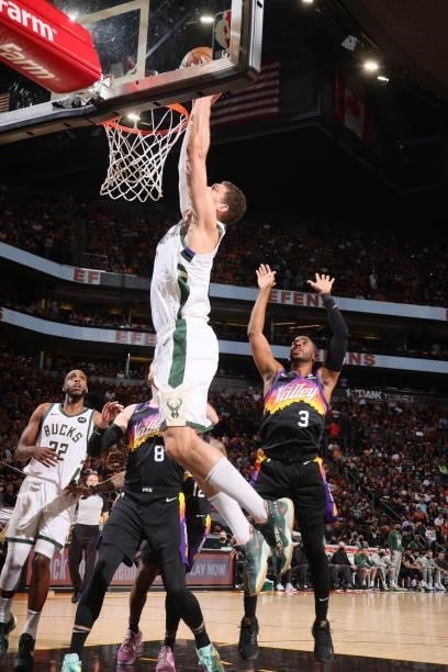 Brook Lopez of the Milwaukee Bucks dunks the ball against the Phoenix Suns during Game One of the 2021 NBA Finals on July 6, 2021 at Talking Stick...