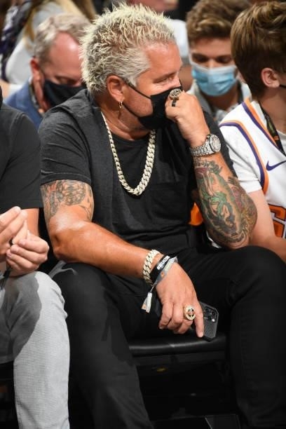Celebrity, Guy Fieri, attends a game between the Milwaukee Bucks and Phoenix Suns during Game One of the 2021 NBA Finals on July 6, 2021 at Phoenix...