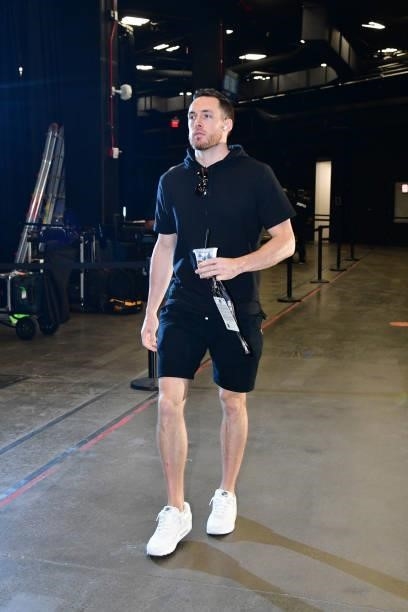 Pat Connaughton of the Milwaukee Bucks arrives to the arena before the game against the Phoenix Suns during Game One of the 2021 NBA Finals on July...
