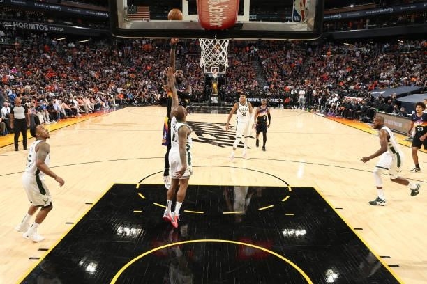 Deandre Ayton of the Phoenix Suns shoots the ball against the Milwaukee Bucks during Game One of the 2021 NBA Finals on July 6, 2021 at Talking Stick...