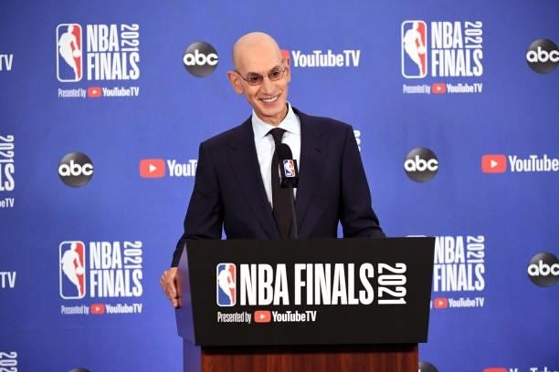Commissioner Adam Silver speaks to the media prior to the game of the Milwaukee Bucks against the Phoenix Suns in Game One of the 2021 NBA Finals on...
