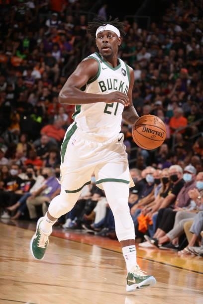 Jrue Holiday of the Milwaukee Bucks dribbles the ball against the Phoenix Suns during Game One of the 2021 NBA Finals on July 6, 2021 at Talking...
