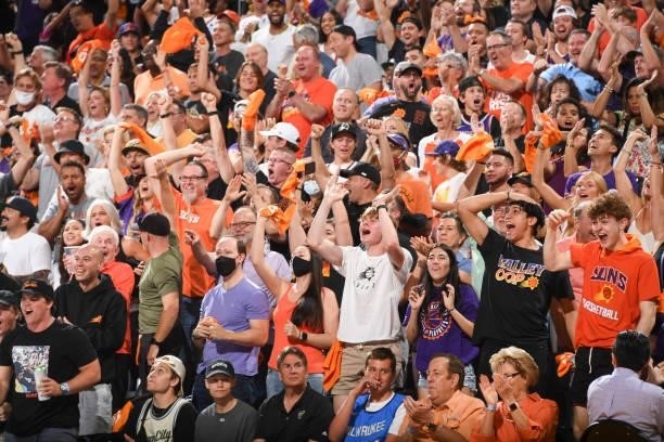 Phoenix Suns fans cheer during the game against the Milwaukee Bucks during Game One of the 2021 NBA Finals on July 6, 2021 at Phoenix Suns Arena in...