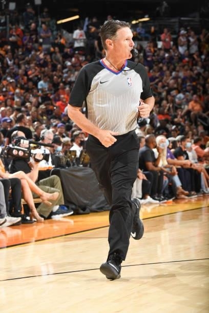 Referee Pat Fraher looks on during the game between the Milwaukee Bucks and Phoenix Suns during Game One of the 2021 NBA Finals on July 6, 2021 at...