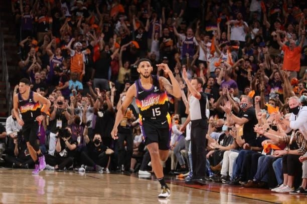 Cameron Payne of the Phoenix Suns celebrates during Game One of the 2021 NBA Finals on July 6, 2021 at Talking Stick Resort Arena in Phoenix,...