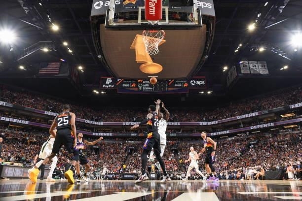 Jrue Holiday of the Milwaukee Bucks shoots the ball during the game against the Phoenix Suns during Game One of the 2021 NBA Finals on July 6, 2021...