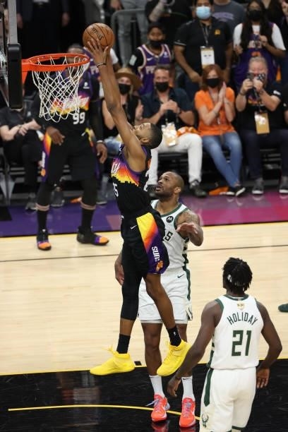 Mikal Bridges of the Phoenix Suns dunks the ball against the Milwaukee Bucks during Game One of the 2021 NBA Finals on July 6, 2021 at Phoenix Suns...