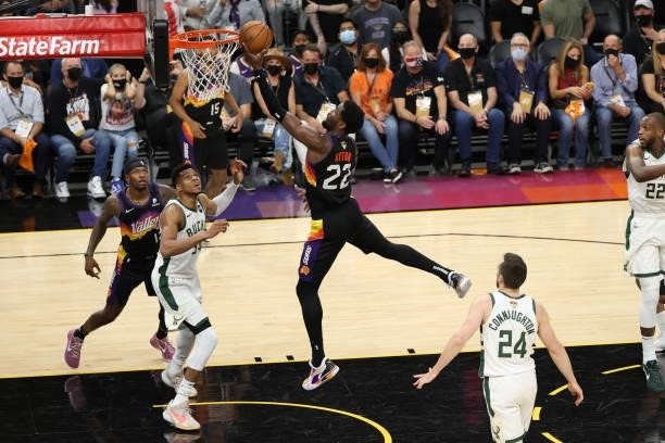 Deandre Ayton of the Phoenix Suns shoots the ball against the Milwaukee Bucks during Game One of the 2021 NBA Finals on July 6, 2021 at Phoenix Suns...
