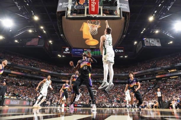 Pat Connaughton of the Milwaukee Bucks shoots the ball during the game against the Phoenix Suns during Game One of the 2021 NBA Finals on July 6,...