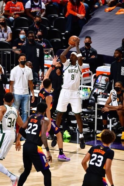 Bobby Portis of the Milwaukee Bucks shoots a three point basket against the Phoenix Suns during Game One of the 2021 NBA Finals on July 6, 2021 at...