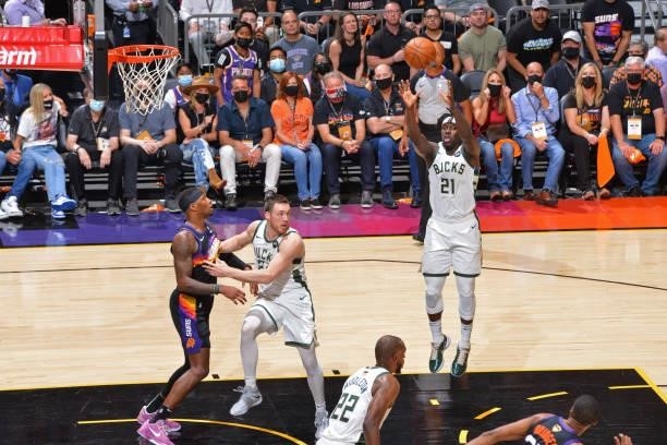 Jrue Holiday of the Milwaukee Bucks grabs a rebound against the Phoenix Suns during Game One of the 2021 NBA Finals on July 6, 2021 at Phoenix Suns...
