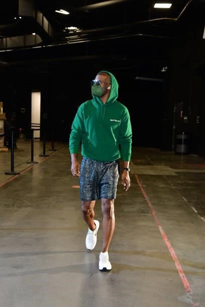 Chris Paul of the Phoenix Suns arrives to the arena before the game against the Milwaukee Bucks during Game One of the 2021 NBA Finals on July 6,...
