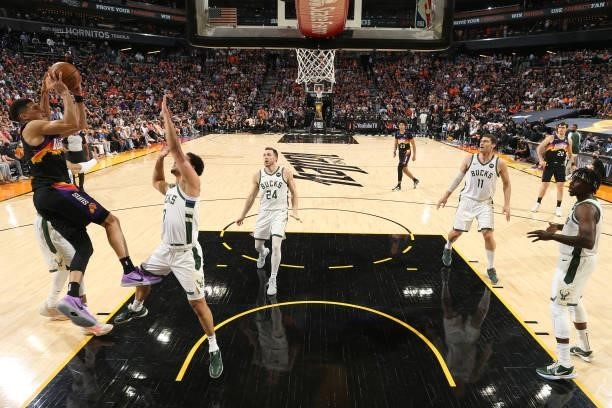 Devin Booker of the Phoenix Suns shoots the ball against the Milwaukee Bucks during Game One of the 2021 NBA Finals on July 6, 2021 at Talking Stick...
