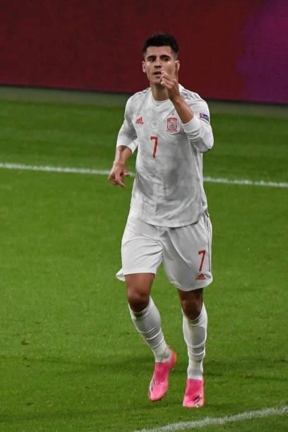 Alvaro Morata of Spain celebrates the equalizer during the UEFA Euro 2020 Championship Semi-final match between Italy and Spain at Wembley Stadium on...