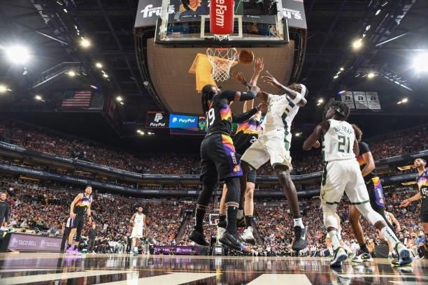 Bobby Portis of the Milwaukee Bucks drives to the basket during the game against the Phoenix Suns during Game One of the 2021 NBA Finals on July 6,...