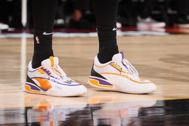 The sneakers worn by Deandre Ayton of the Phoenix Sunsduring Game One of the 2021 NBA Finals on July 6, 2021 at Talking Stick Resort Arena in...