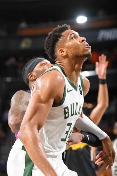 Giannis Antetokounmpo of the Milwaukee Bucks looks on during the game against the Phoenix Suns during Game One of the 2021 NBA Finals on July 6, 2021...