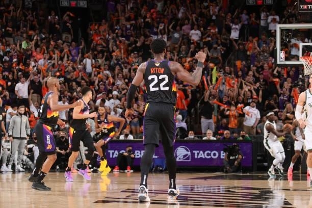 Deandre Ayton of the Phoenix Suns celebrates during Game One of the 2021 NBA Finals on July 6, 2021 at Talking Stick Resort Arena in Phoenix,...